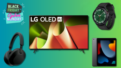 LG TVs,  iPad, Galaxy Smartwatch, Sony headphone on a teal and green background with a Black Friday and Cyber Monday sticker. 