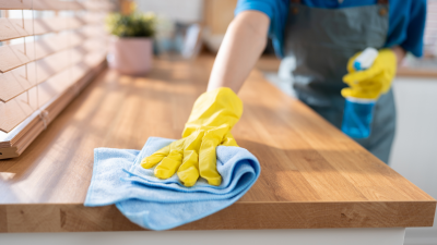 person wearing yellow rubber gloves and wiping a countertop down with a cloth