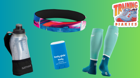 Running belt, compression socks, handheld water bottle, and body glide stick