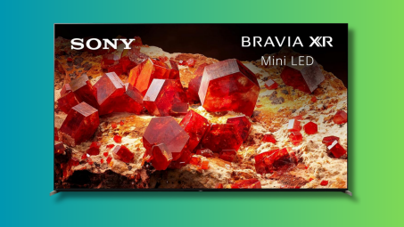 Sony Bravia 75-Inch Class X93L on a teal and green gradient background.