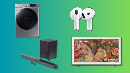 AirPods 4, The Frame, JBL - 5.1-Channel Soundbar, Samsung Washer on a teal and green background.