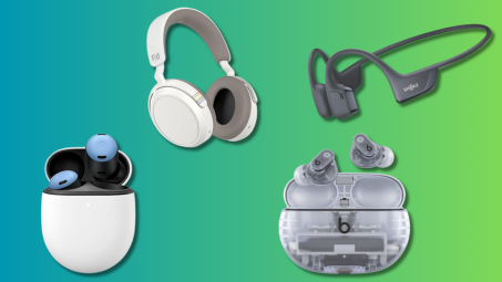 Google Pixel, Beats, Shokz, and Sennheiser headphones on a teal and green background.