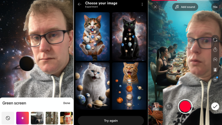 Two pictures of me in front of AI-generated backgrounds—one in space and one at an underwater dinner party