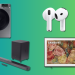 AirPods 4, The Frame, JBL - 5.1-Channel Soundbar, Samsung Washer on a teal and green background.