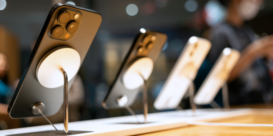 iPhones displayed in an Apple Store