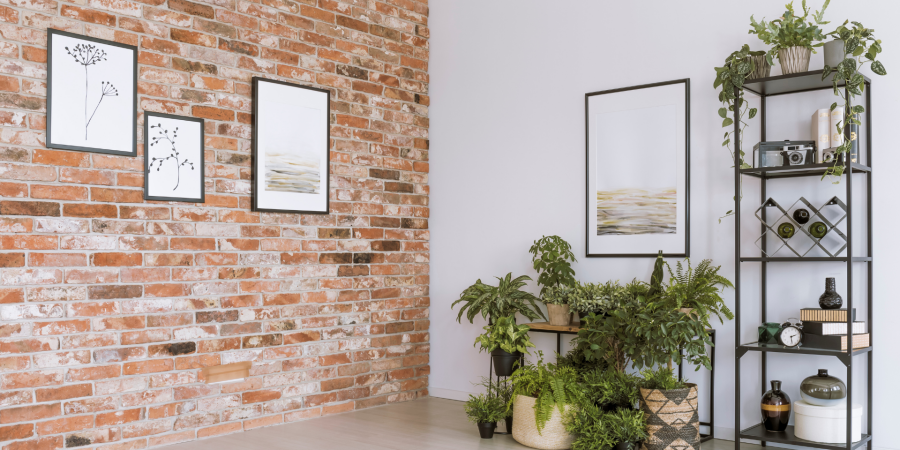 A brick wall with art on it in a contemporary home