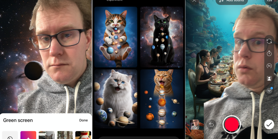 Two pictures of me in front of AI-generated backgrounds—one in space and one at an underwater dinner party
