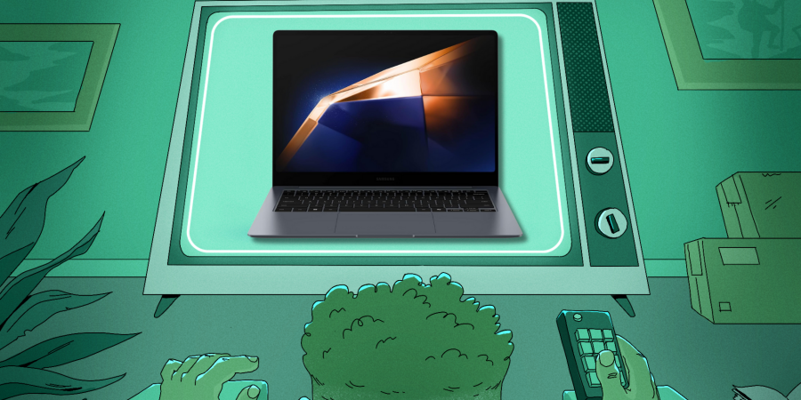 Man watching television screen displaying a Samsung Galaxy Book4 Pro.
