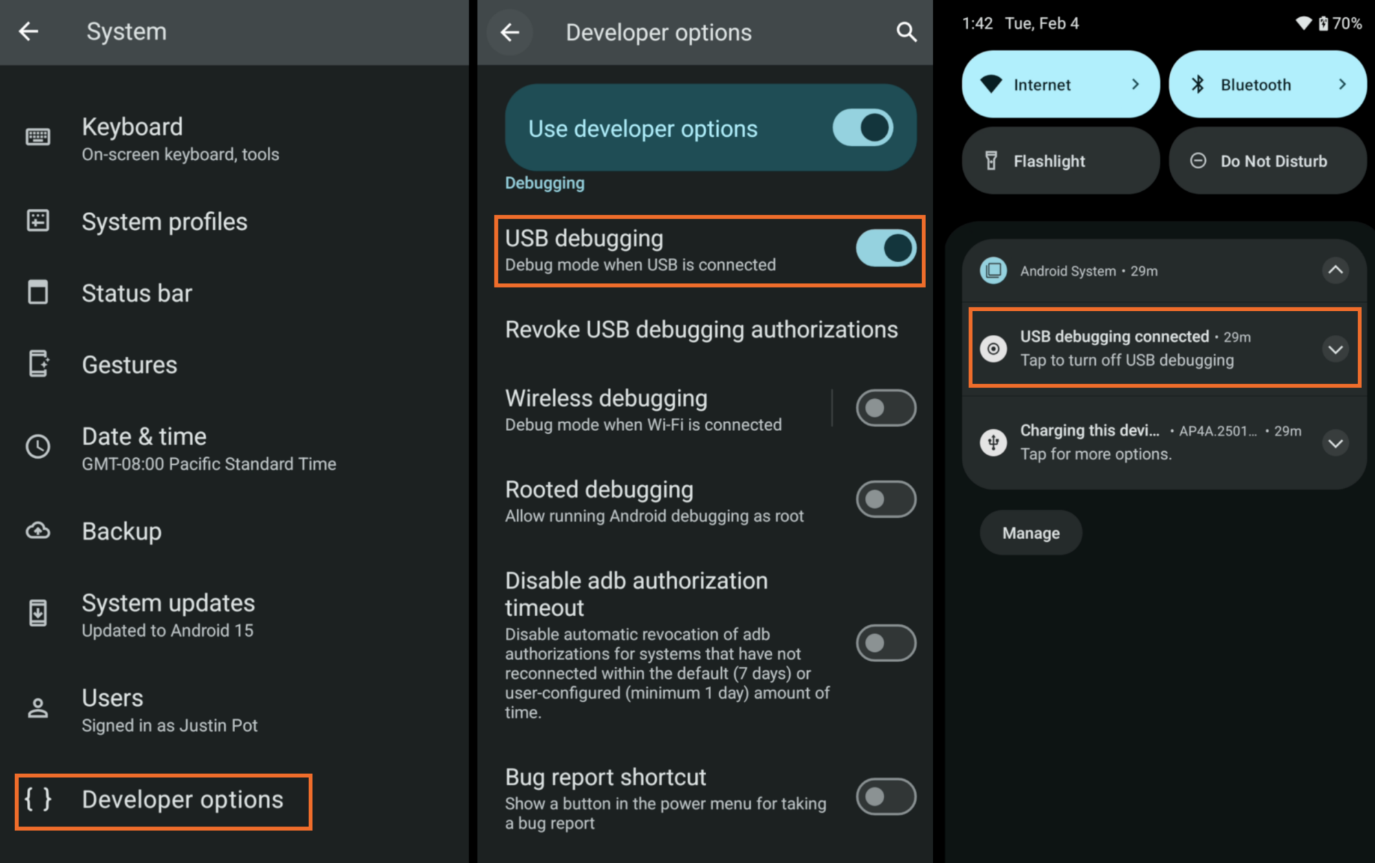Three screenshots showing where to find the settings mentioned in the above paragraph