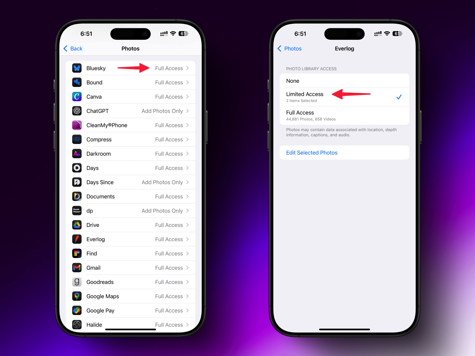Changing photo access permission for an app on iPhone.