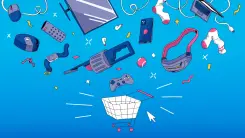 An illustration of all different typs of tech products floating over a shopping cart